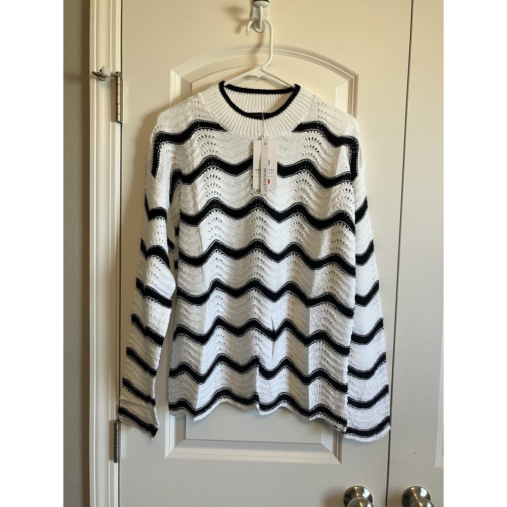 Merokeety Black and White Striped Loose Knit Pullover Light Sweater Size M C160
